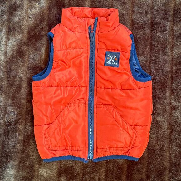 Kids Headquarters 12 Mo. Orange Puffy Vest with "TRUCK REPAIR" Logo - Picture 1 of 7
